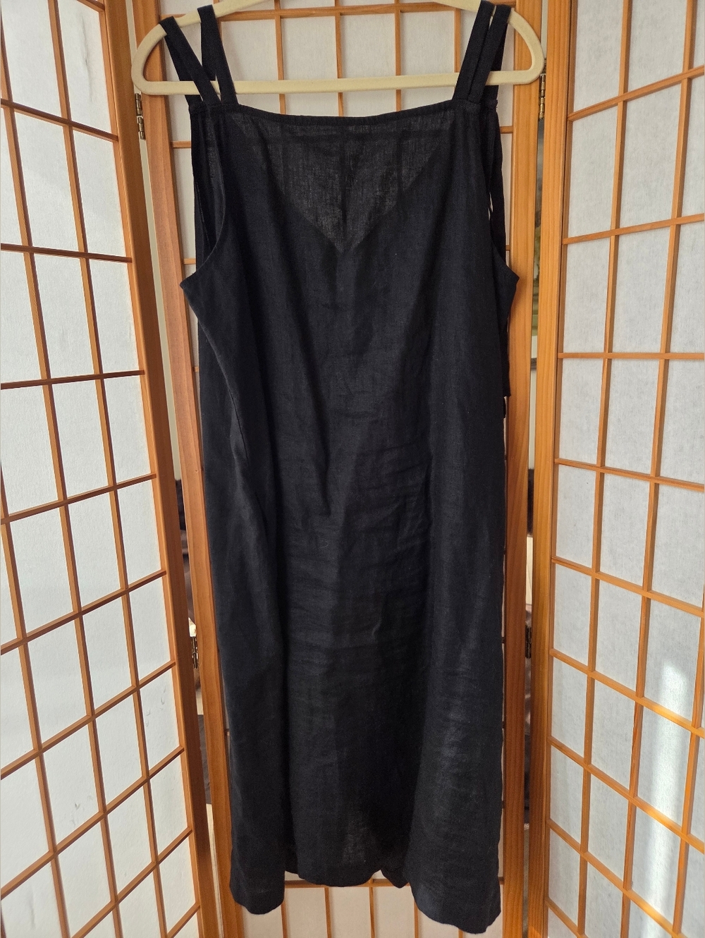 NEW DKNY  PURE 100% BLACK LINEN KNEE LENGTH SHOULDER STRAPS SUMMER DRESS LARGE